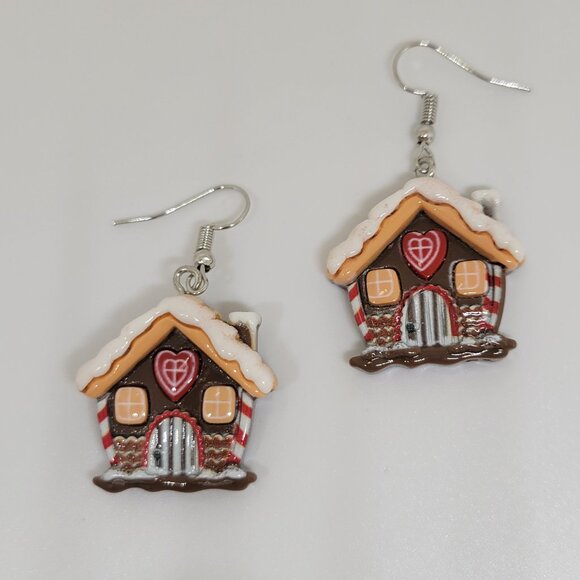 Gingerbread House Dangle Earrings Synthetic Resin 1 1/2" Drop Colorful - Picture 4 of 8